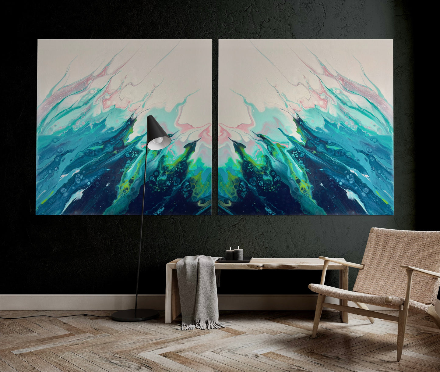 Modern Acrylic Canvas Print - Coastal Art in Blues, Greens and Pinks. Wave, Sea, Ocean.
