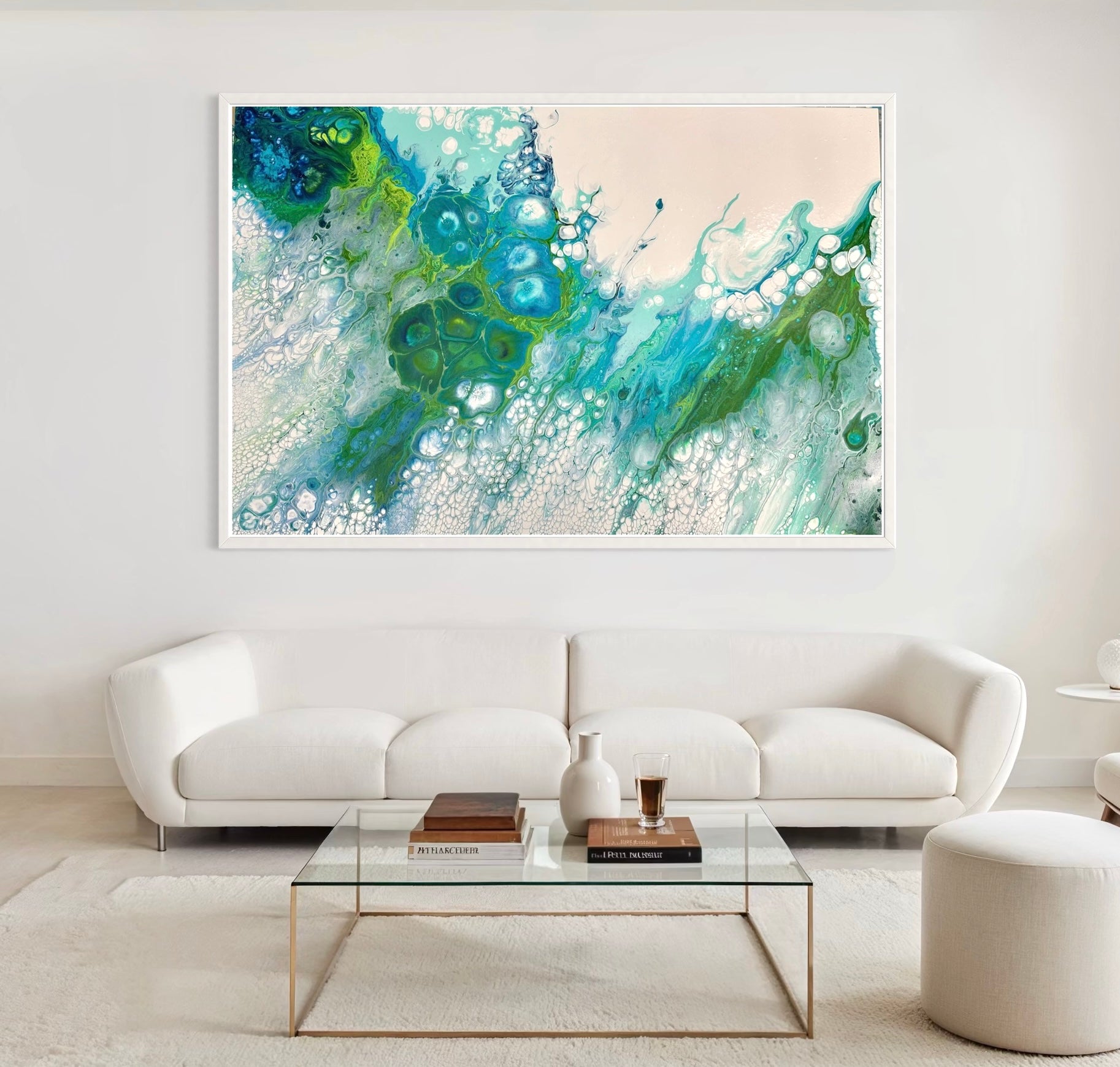 Modern Acrylic Canvas Print - Coastal Art in Blues & Greens.  Wave, Sea, Ocean, Sea Cells.