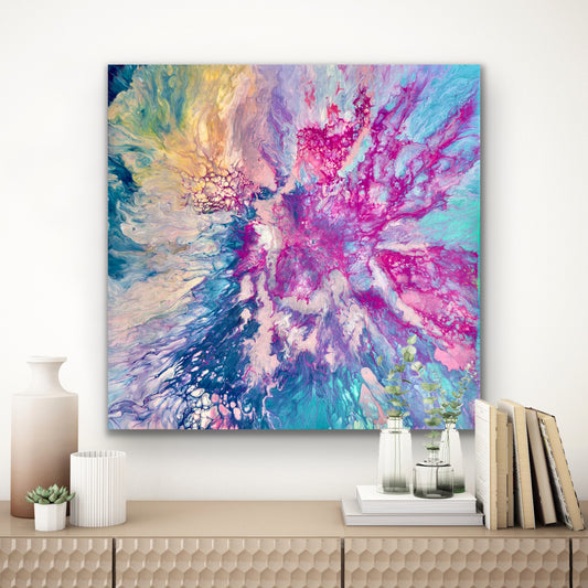 An acrylic abstract art canvas print in magenta, pinks and blues