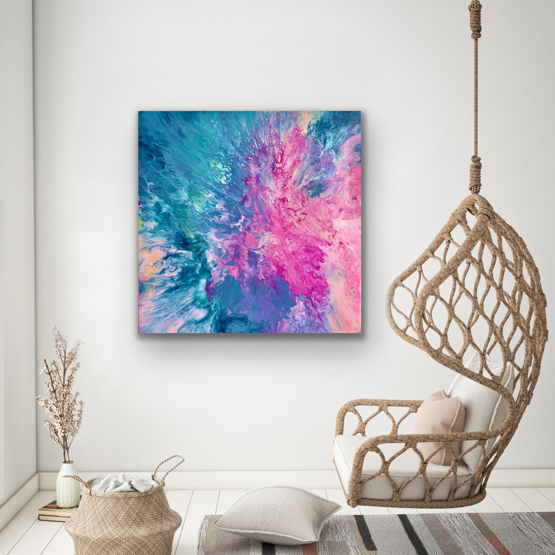 Colourful acrylic abstract painting - canvas print in blues and pinks