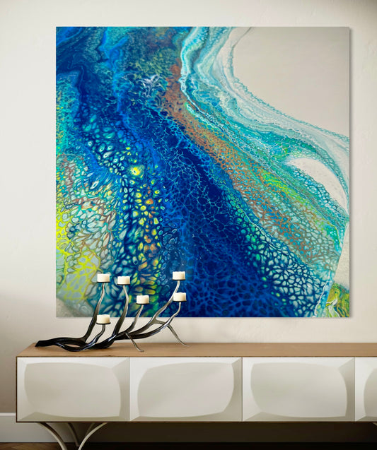 Modern Acrylic Canvas Print - Coastal Art in Blues & Greens.  Wave, Sea, Ocean.