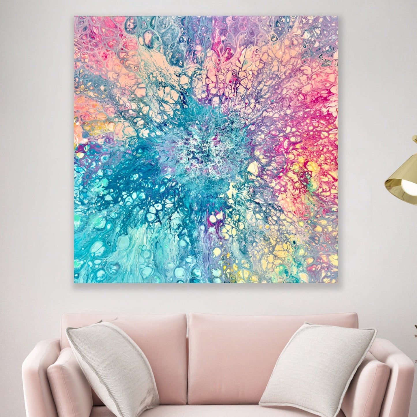 Colourful abstract acrylic canvas print in pink, blue, yellow and purple