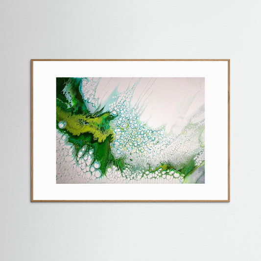 Modern Acrylic Fine Art Paper Print - Coastal Art in Greens & Whites.  Wave, Sea, Ocean, Sea Cells.