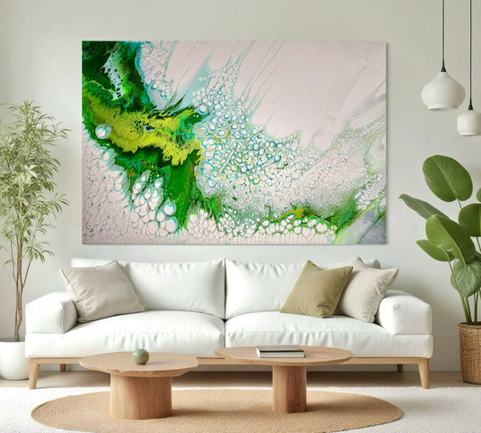 Modern Acrylic Canvas Print - Coastal Art in White & Greens.  Wave, Sea, Ocean, Sea Cells.