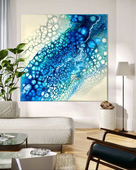 Modern Art in Acrylic - Coastal Art in Blues and White. Abstract Art. Sea, Wave, Coast, Rockpool