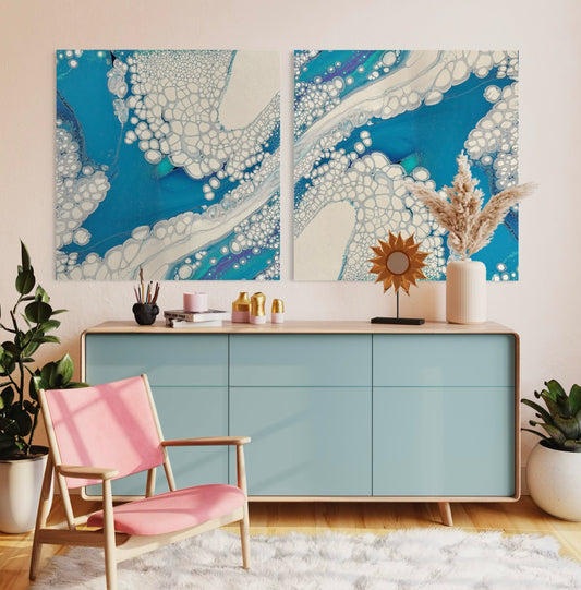 Modern Acrylic Canvas Print - Coastal Art in Blues & Whites.  Wave, Sea, Ocean, Sea Foam.