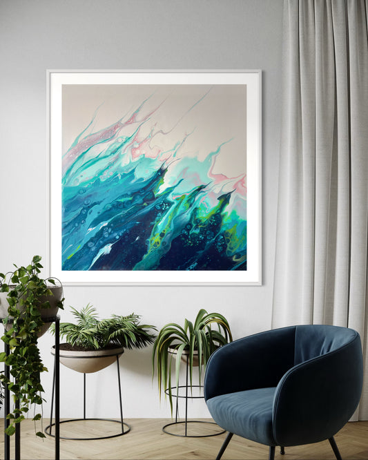 Modern Acrylic Canvas Print - Coastal Art in Blues, Pinks  & Greens.  Wave, Sea, Ocean.