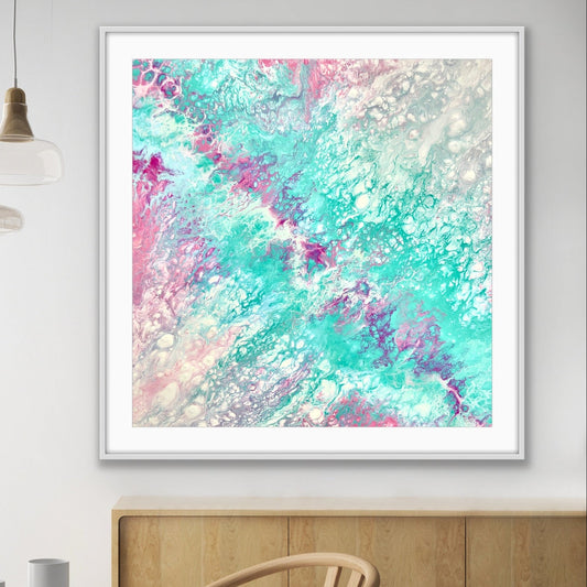 Framed abstract artwork with pastel colours in aqua and pink